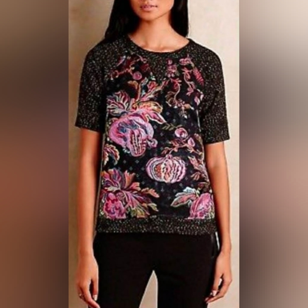 Anthropologie James Coviello Floral Brocade Metallic Knit Top Size XS